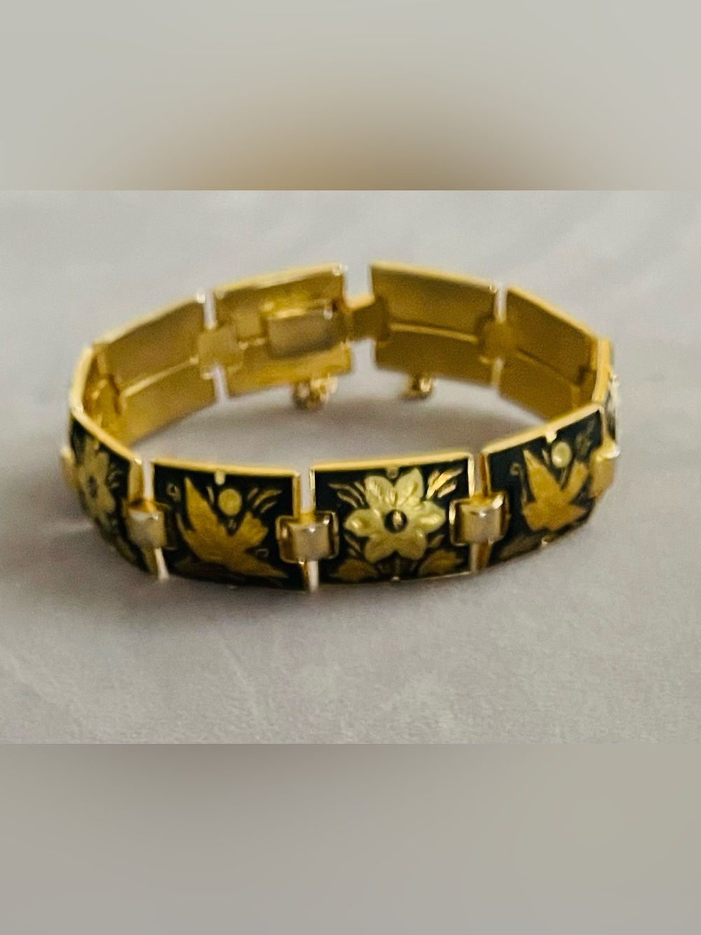 DAMASCENE LINK BRACELET & HOOP CLIP EARRINGS/NEW/DOVE GOLD INLAY ON BLACK/SPAIN/